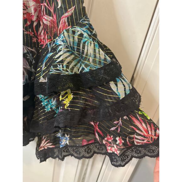 Rococo Sand Metallic Moonlight Print Ruffle Mini Dress Black Multicolor Sz Small - Picture 8 of 10